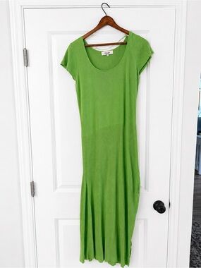 John + Jenn Ribbed Knit Maxi Dress Large Lime Green Side Slit Stretchy